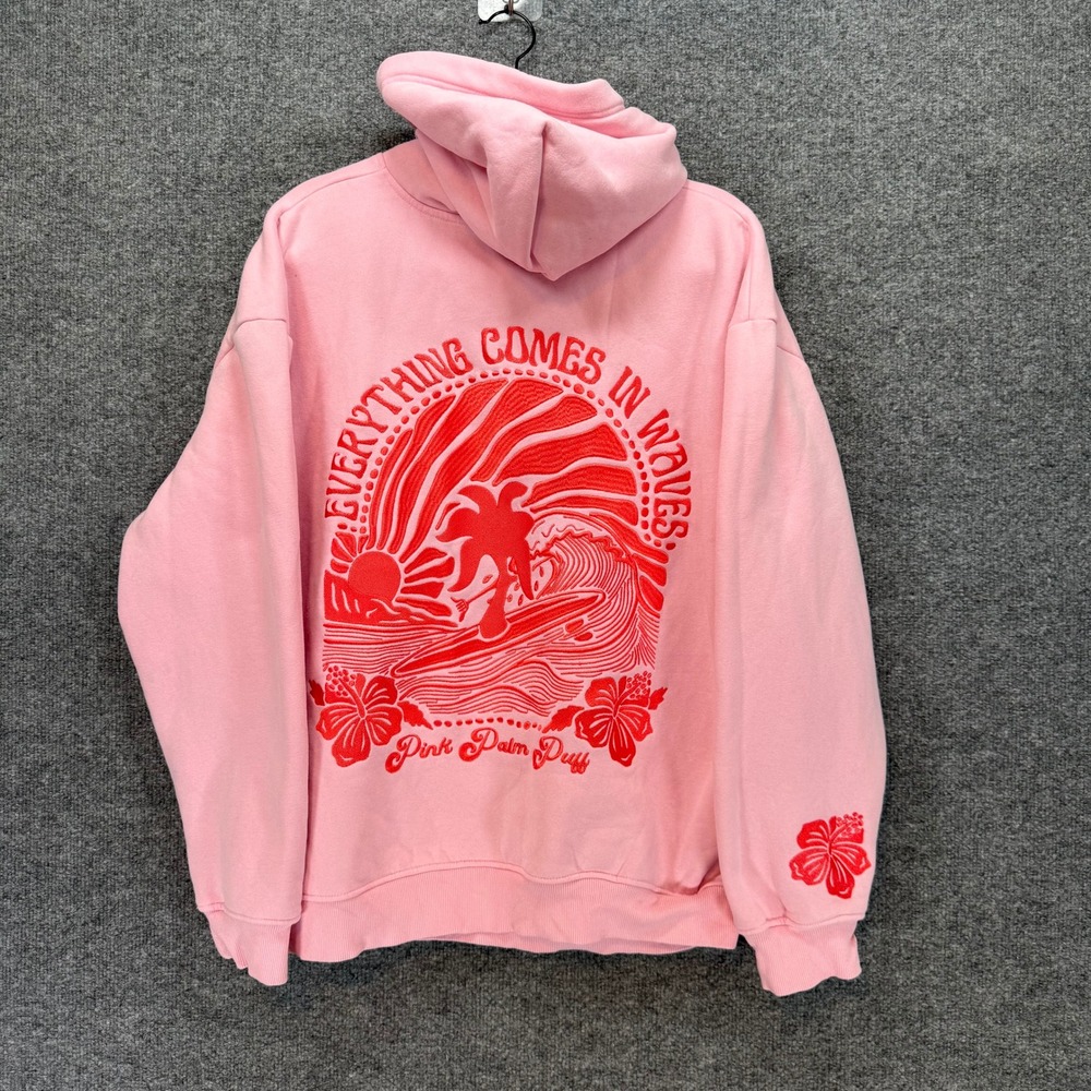 Pink Palm Puff Hoodie Women XL Pink Everything Comes In Waves Graphic Pullover
